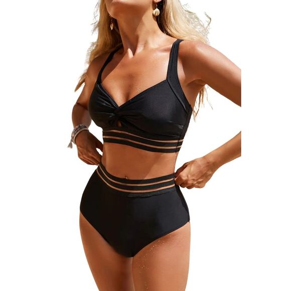 Cupshe Women's Black Mesh Striped Cutout Top & High Waist Bikini Set Size S - Picture 1 of 9